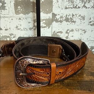 Brown Tooled Leather Belt Bag Strap with Ornate Buckle